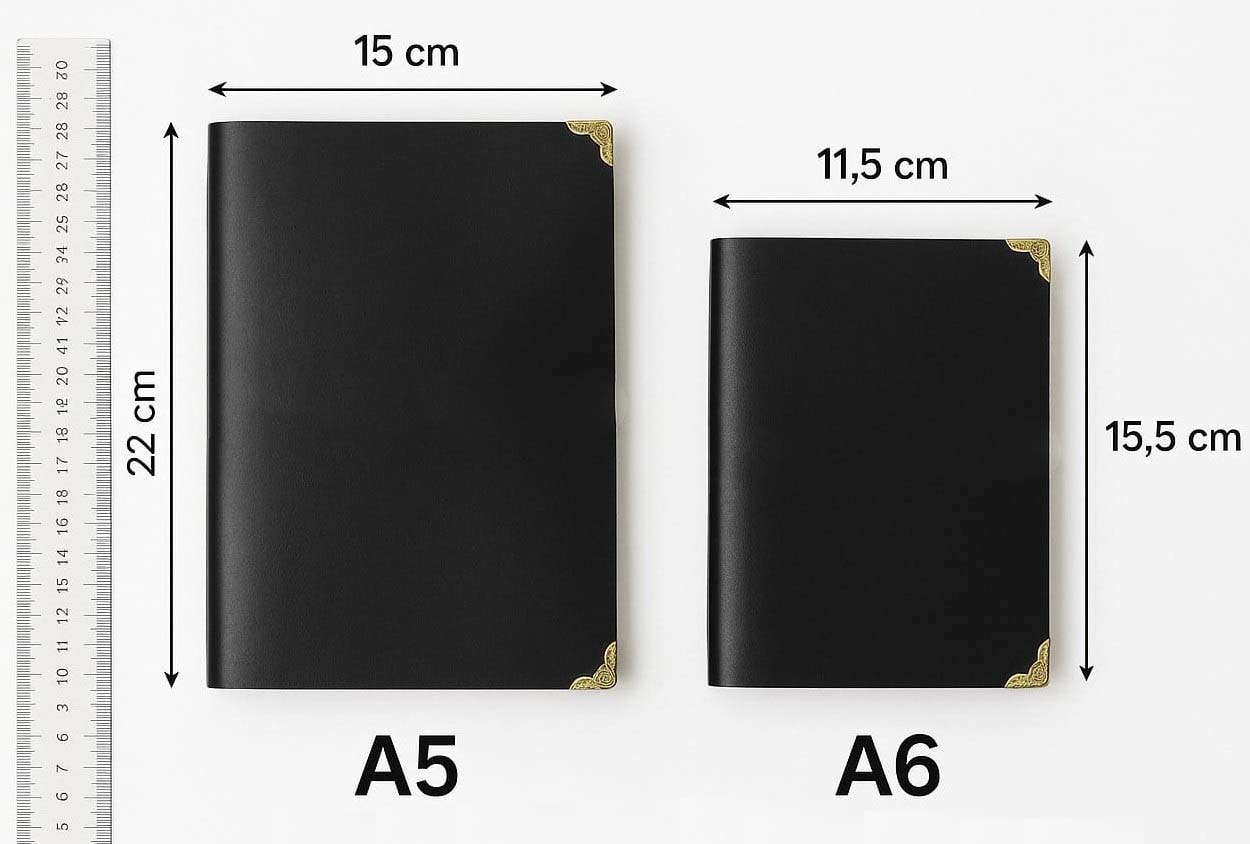 Comparativo de tamanhos A5 e A6 do caderno medieval